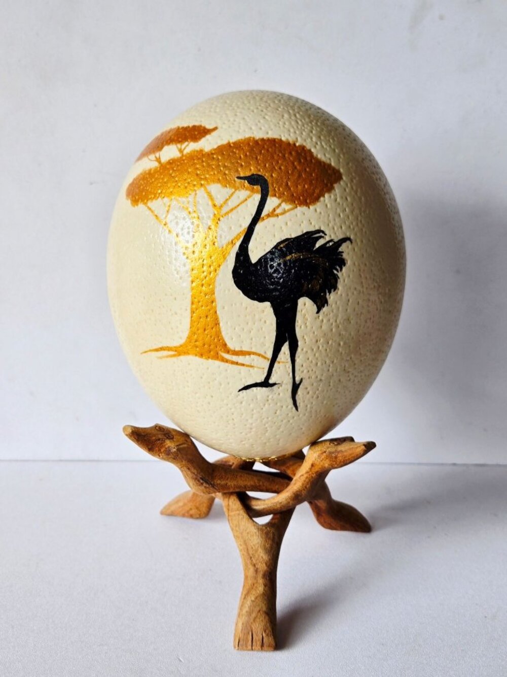 Hand-Painted Ostrich Egg W/ Wooden Stand Wildlife Art Featuring Tree & Ostrich